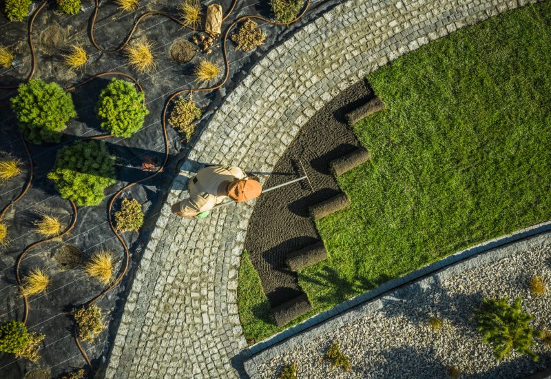 Gardener in Newly Build Backyard Garden Installing Natural Grass Turfs. Preparing Soil. Aerial View.