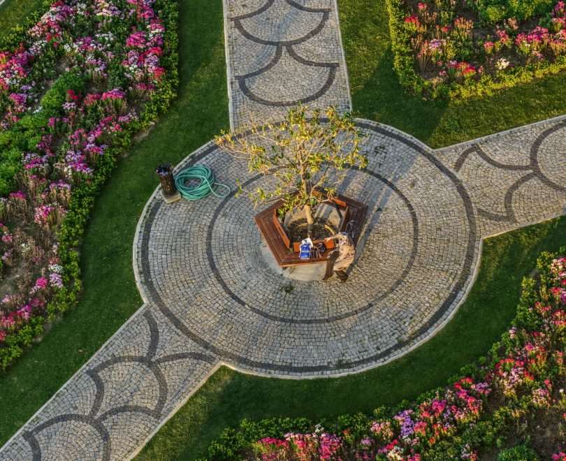 View of Kordon Street, ferry pier and high-rise buildings from the sea in Izmir Passport area